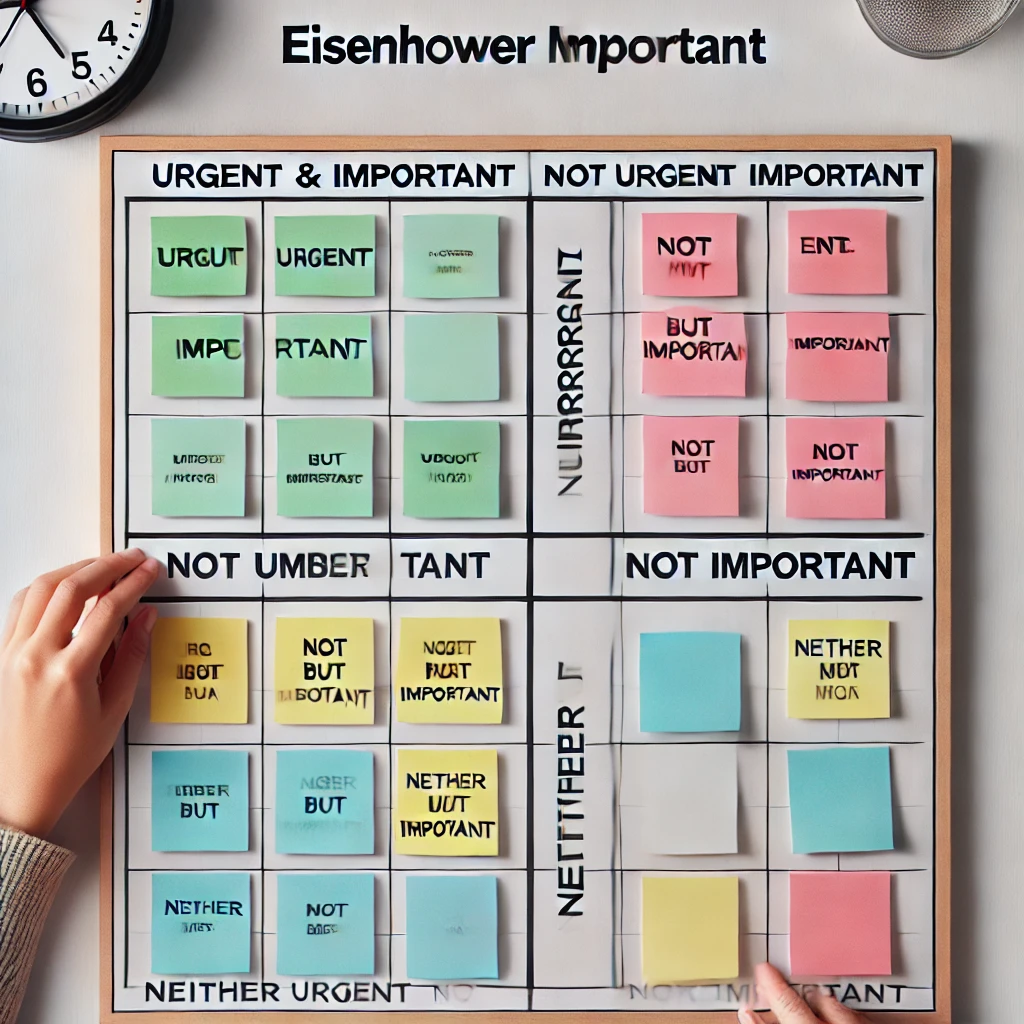 Effective Time Management and it's 10 Principles Keys to Making the Most of Every Moment with for Your Well-being 5 A clear and simple Eisenhower Matrix for task prioritization, featuring four quadrants based on urgency and importance.
