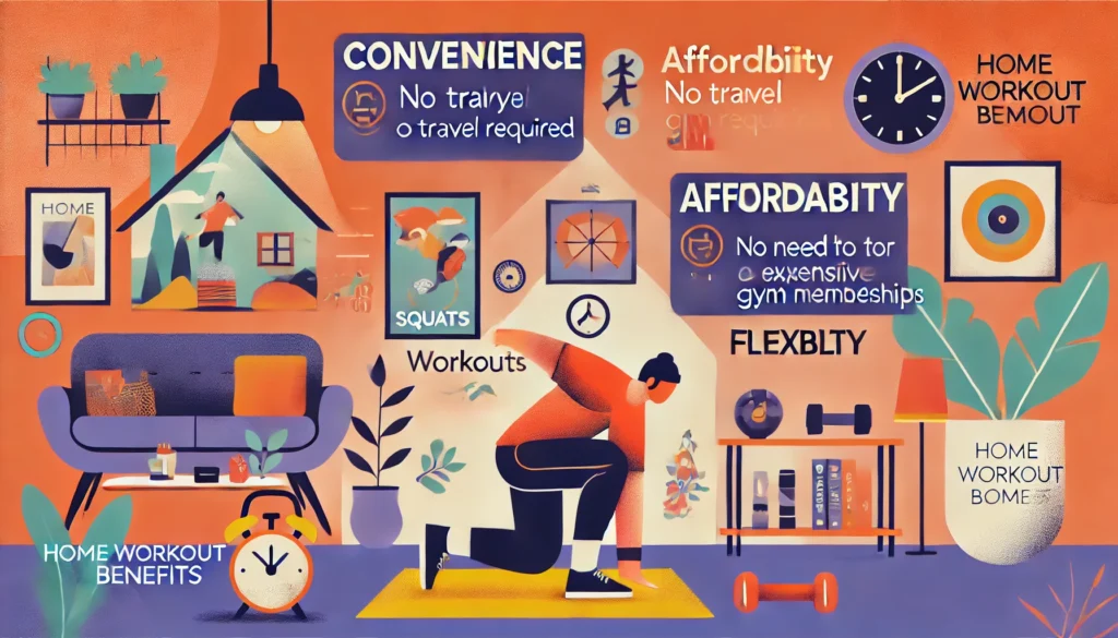 Strength Training to Building Muscle, Building Health: Take the Challenge to Change your Healthier Lifestyle 8 A vibrant and motivational infographic titled Home Workout Benefits showcasing the advantages of working out at home. The image features a character