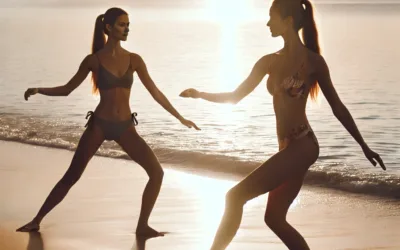 Two women practicing Tai Chi on a beach in the morning, wearing bikinis, with the ocean and sunrise in the background.