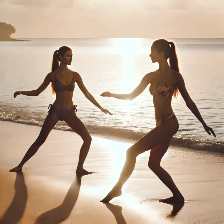 Two women practicing Tai Chi on a beach in the morning, wearing bikinis, with the ocean and sunrise in the background.