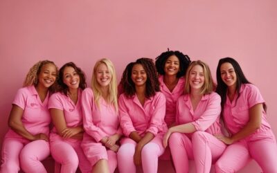 Group of happy women in pink outfits for Breast Cancer Awareness
